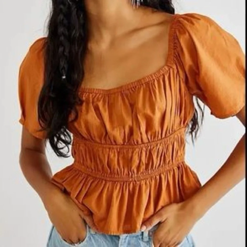 Free People Rust Puff Sleeve Blouse